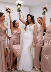 Caroline | Mermaid Strapless Dusty Pink Satin Maxi Bridesmaid Dress with Slit Backless - Price #price_variant_lowest# - Blush - PromDressClub